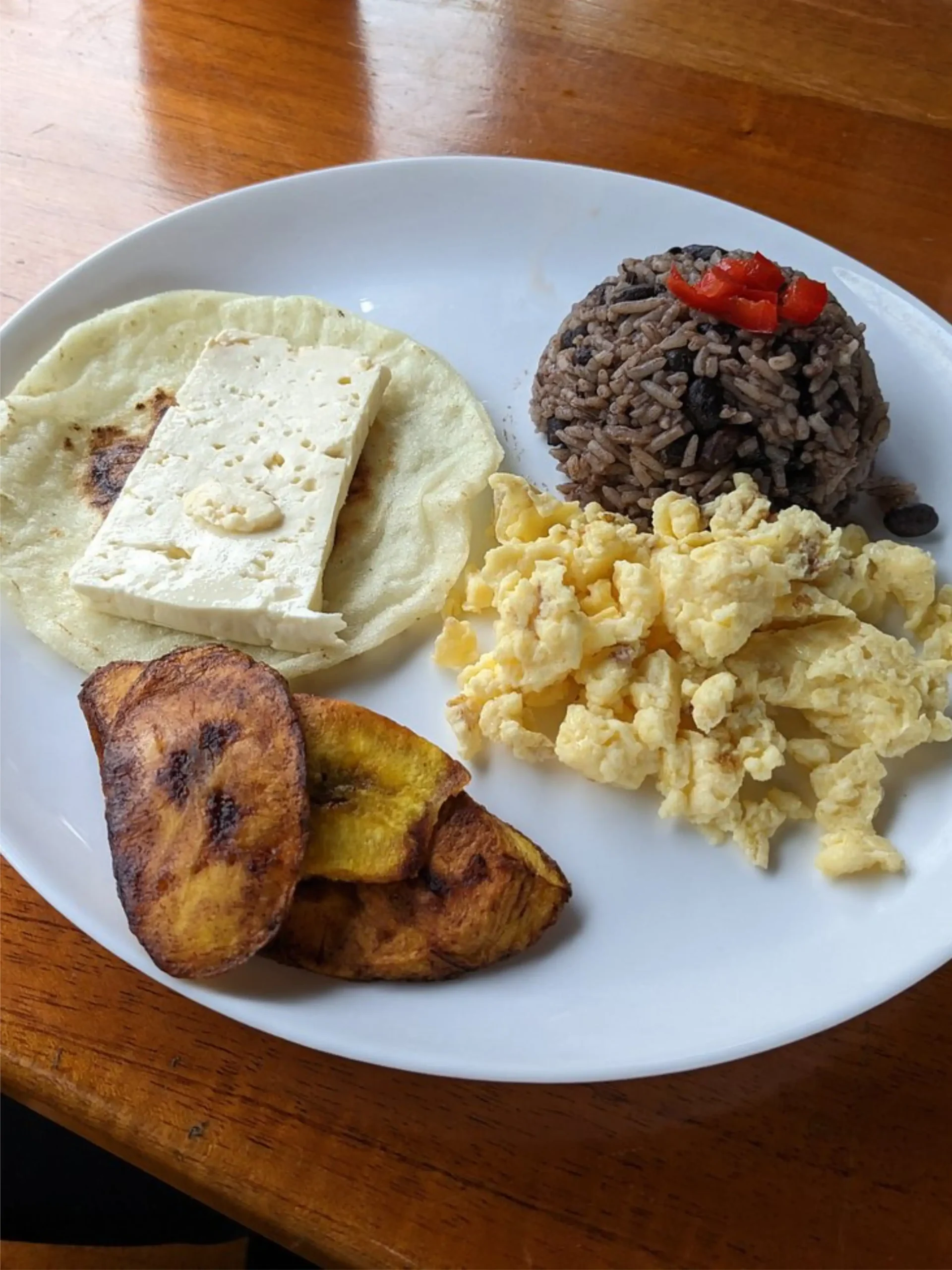 Plato de desayuno típico costarricense con gallo pinto, huevo picado, plátano maduro, queso blanco, aguacate, tortillas y frutas frescas en el Hotel Loma Real.