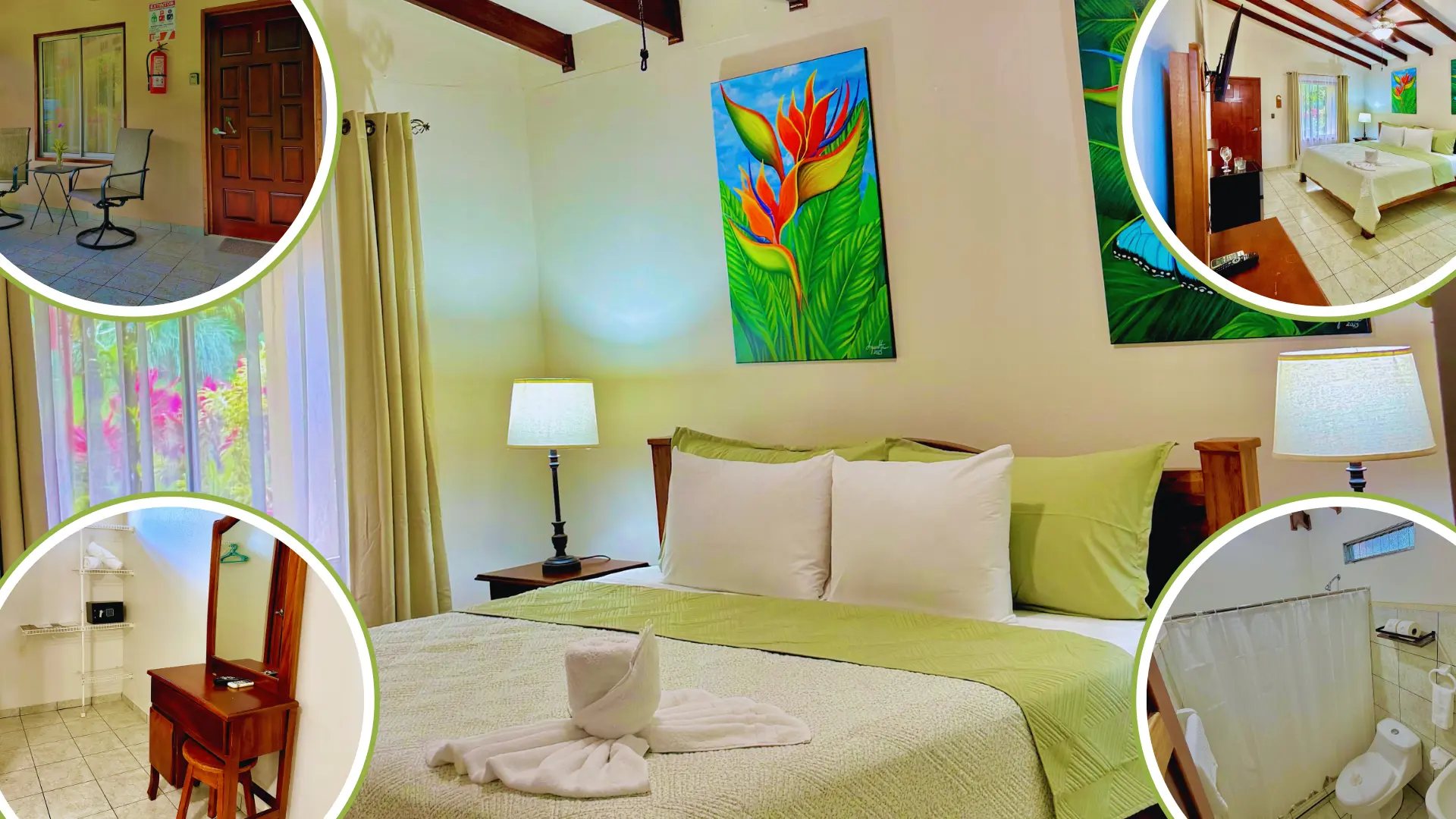 Habitación Spring Room en Hotel Loma Real La Fortuna con detalles de baño y mobiliario en círculos informativos.