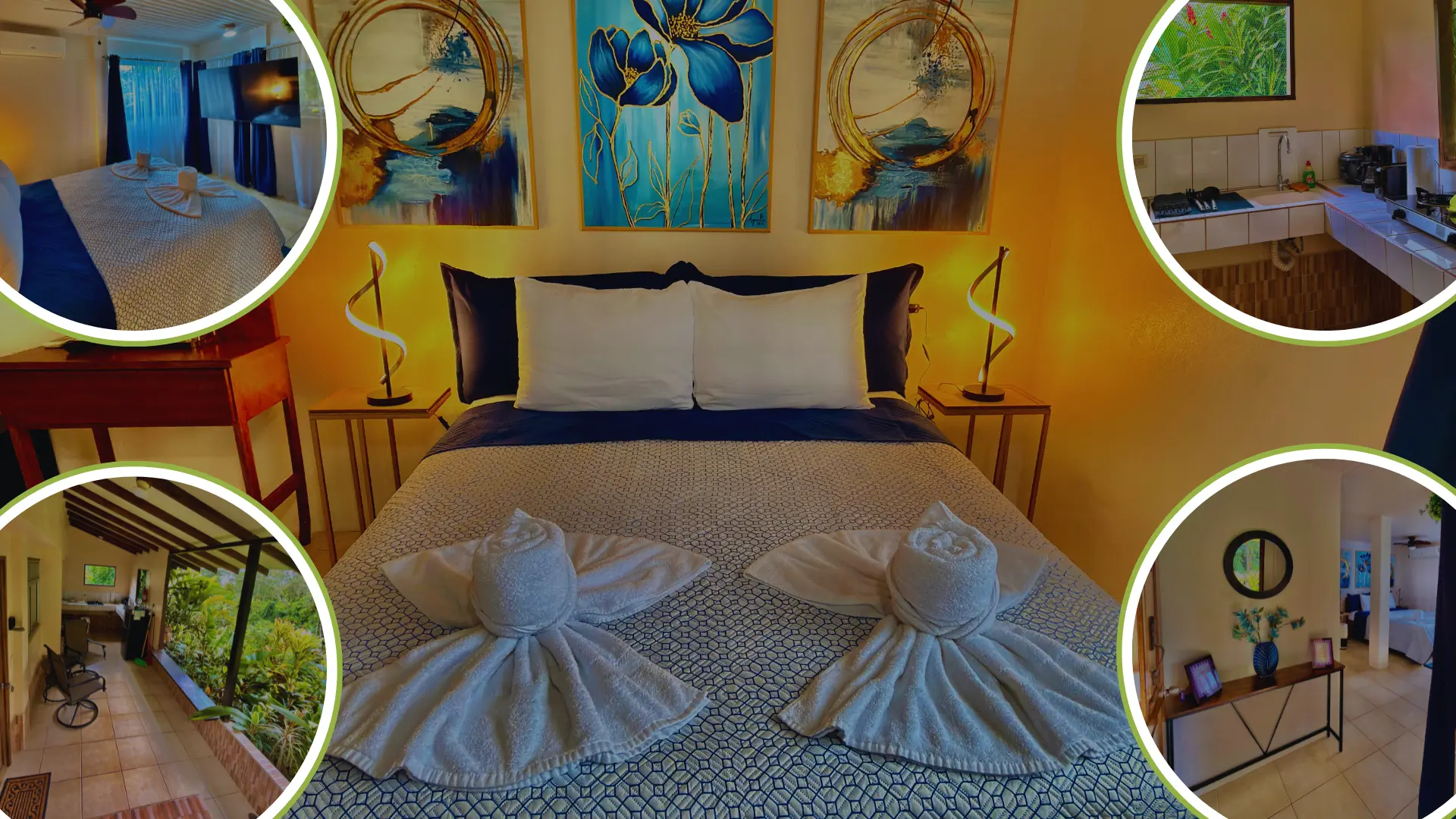Suite Deluxe 8 moderna con cocina y baño privado detallado en círculos decorativos.