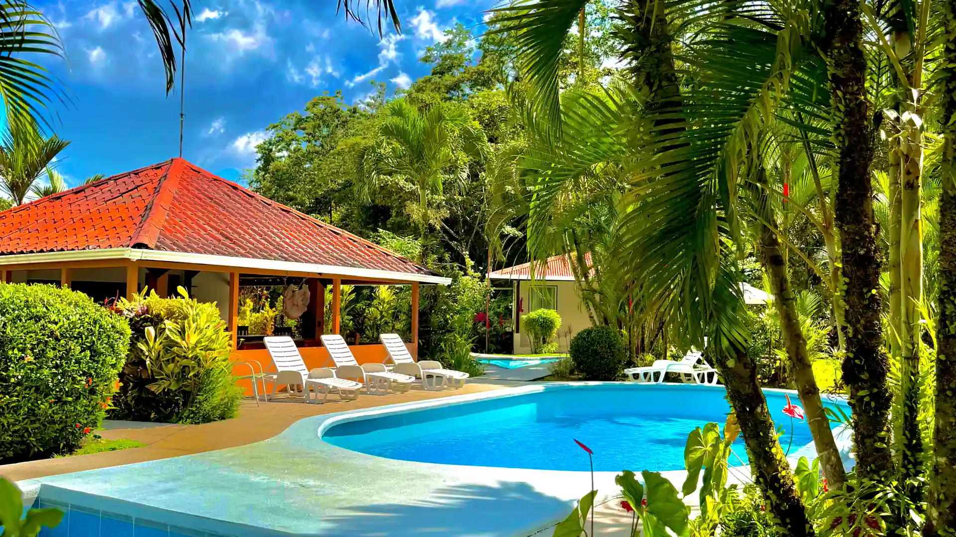 Piscina exterior con sillas de sol y zona de descanso bajo techo rodeada de palmeras en Hotel Loma Real, La Fortuna, Costa Rica.